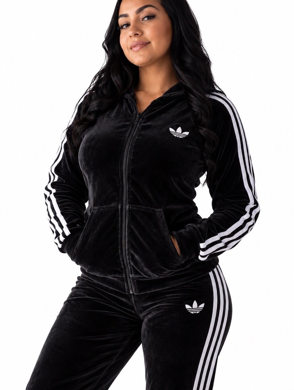 Black Velour 3-Stripe Hooded Tracksuit Set XL
